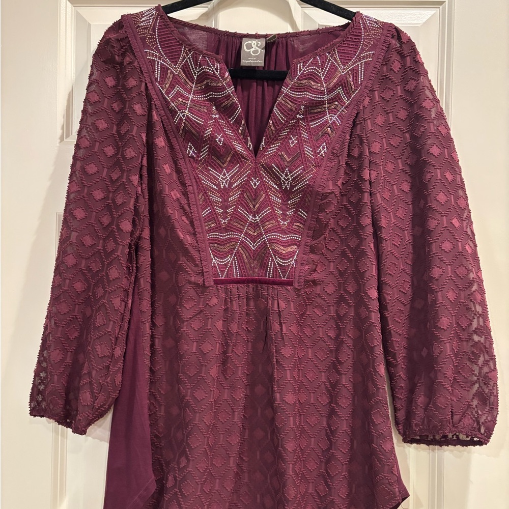 Anthropologie OneSeptember Peasant Blouse burgundy sequin embroidery Boho Tunic - Picture 2 of 7
